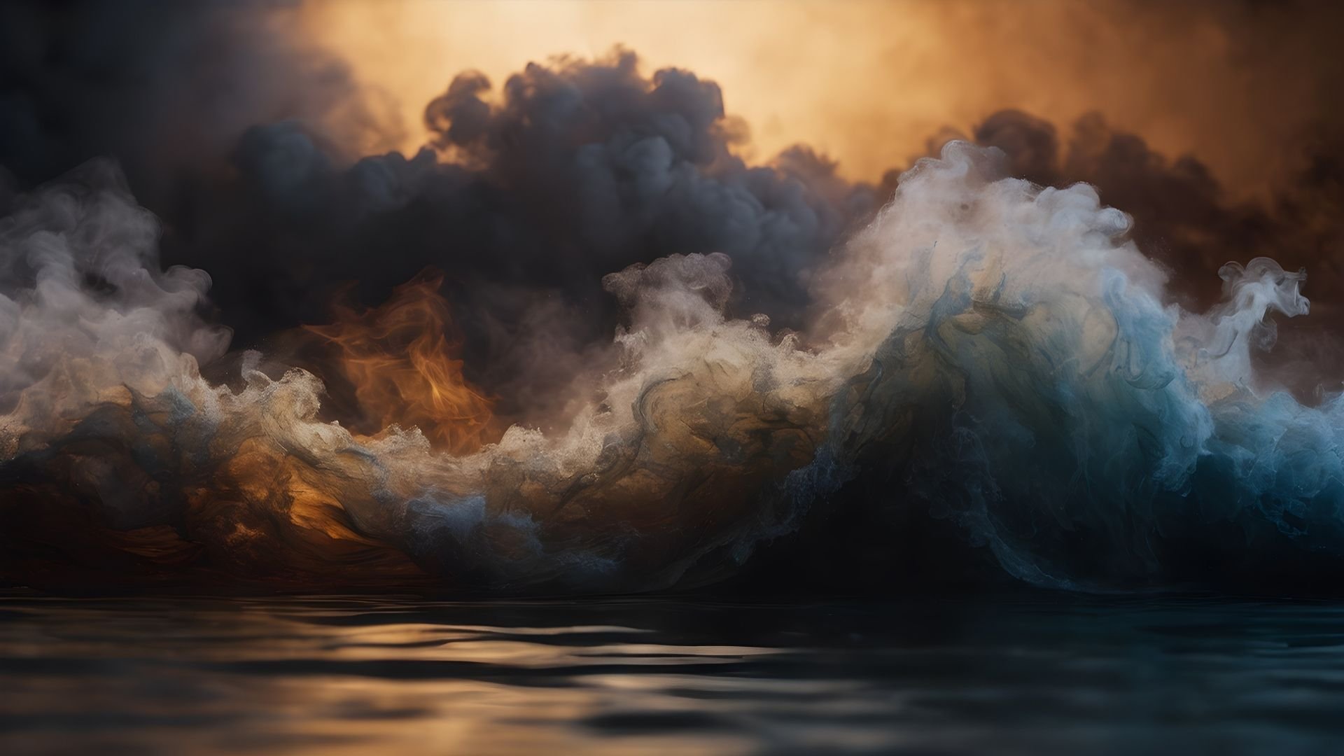 Dramatic clouds with golden and blue hues swirling over dark water at sunset